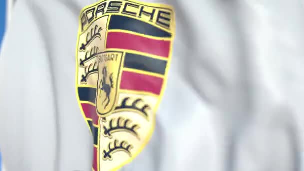 Porsche Ag logolu bayrak sallamak, yakın çekim. Editoryal döngülü 3d animasyon — Stok video