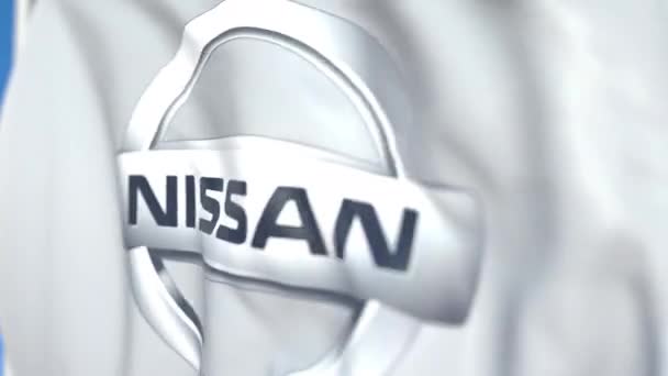 Acenando bandeira com Nissan Motor Co., Ltd. logotipo, close-up. Editorial loopable animação 3D — Vídeo de Stock