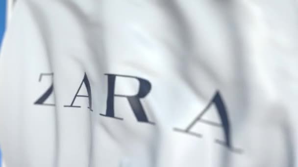 Falowanie flagi z logo Zara SA, zbliżenie. Redakcyjnej pętli animacji 3D — Wideo stockowe