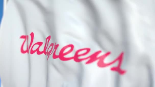 Drapeau ondulé avec logo Walgreen Company, gros plan. Animation 3D en boucle éditoriale — Video
