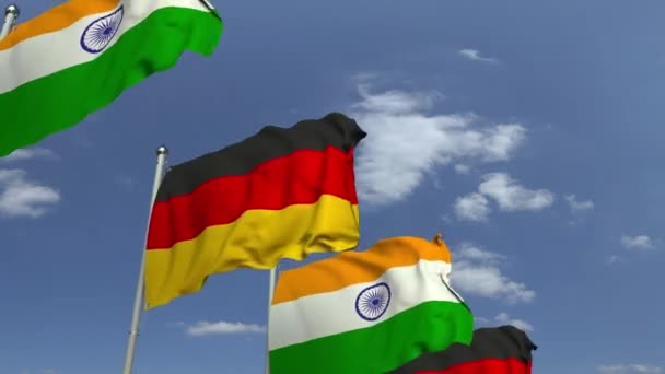 Fila di bandiere sventolanti di India e Germania, animazione 3D loop — Video Stock