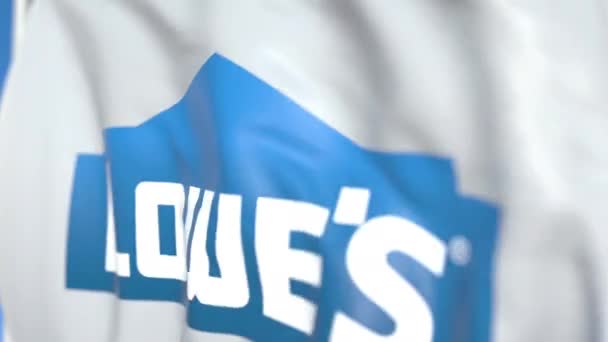 Acenando bandeira com Lowes Companies, Inc. logotipo, close-up. Editorial loopable animação 3D — Vídeo de Stock