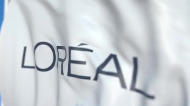 Waving flag with LOreal S.A. logo, close-up. Editorial loopable 3D animation — Stock Video