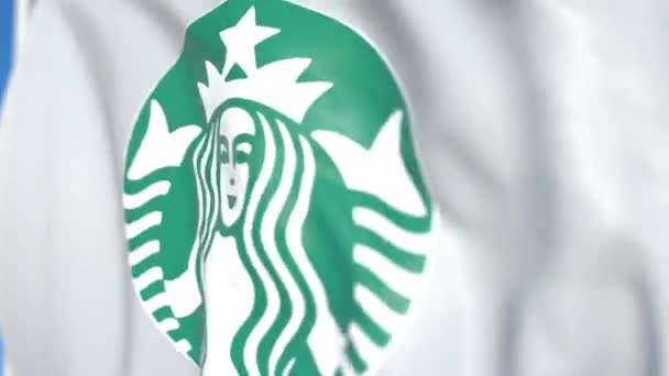 Mávající vlajka s logem Starbucks Corporation, zblízka. Redakční smykliatelná 3D animace — Stock video