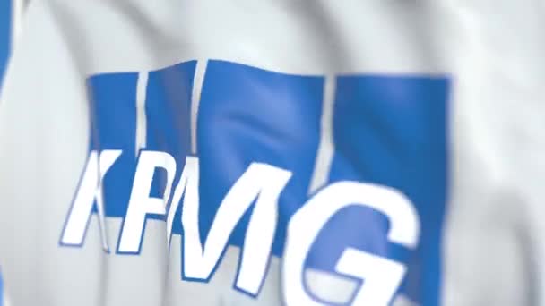 Kpmg logolu bayrak sallamak, yakın çekim. Editoryal döngülü 3d animasyon — Stok video