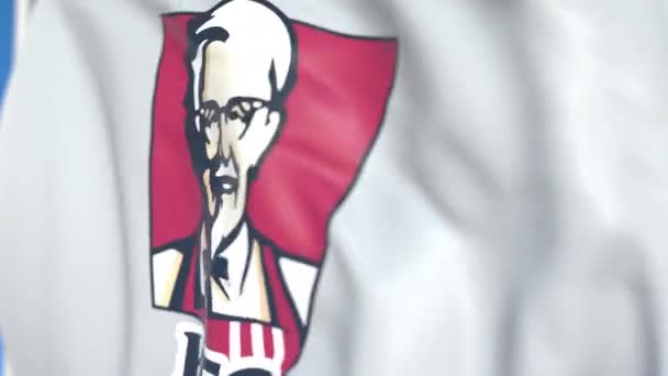 Mávnout vlajkou s logem Kentucky Fried kuře KFC, zblízka. Redakční smykliatelná 3D animace — Stock video