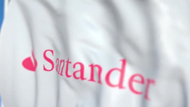 Bandeira acenando com o logotipo do Banco Santander S.A., close-up. Editorial loopable animação 3D — Vídeo de Stock