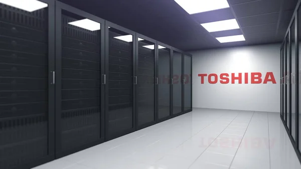 服务器房间墙上的TOSHIBA标志，3D编辑渲染 — 图库照片