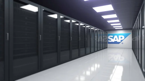Logotipo de SAP en la sala de servidores, representación editorial 3D —  Fotos de Stock