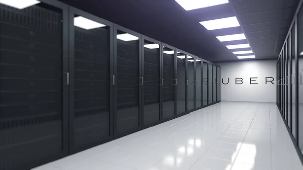 Logo von UBER an der Wand eines Serverraums, editorisches 3D-Rendering — Stockfoto