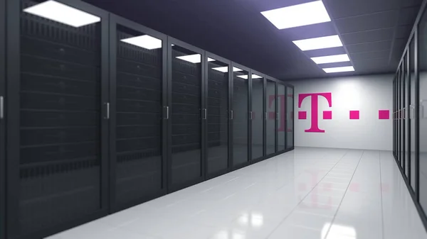 服务器房间墙上的DEUTSCHE TELEKOM AG标志，3D编辑渲染 — 图库照片