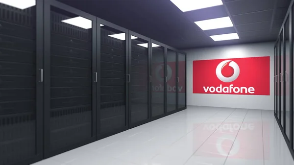 Logo Vodafone v místnosti na serveru, redakční 3D vykreslování — Stock fotografie