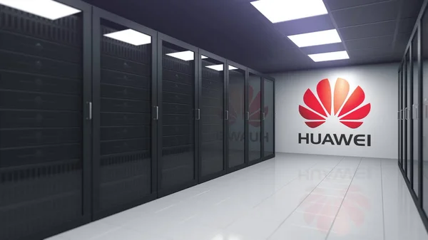 HUAWEI logo in the server room, editorial 3D rendering — Stock Photo, Image