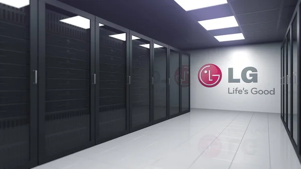 Logo di LG sulla parete di una sala server, rendering editoriale 3D — Foto Stock