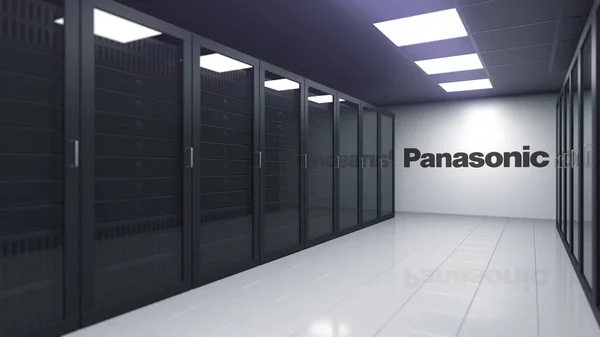 Logo-ul PANASONIC pe peretele unei camere de server, redarea editorială 3D — Fotografie, imagine de stoc