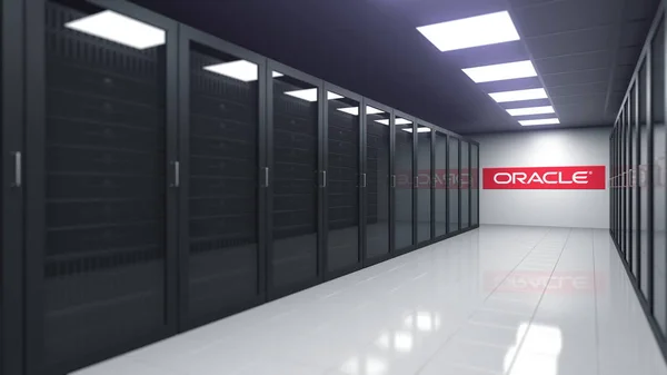 Logo of ORACLE on the wall of a server room, editorial 3D rendering — Stock Photo, Image