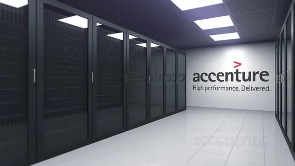 Logotipo de ACCENTURE en la pared de una sala de servidores, representación editorial 3D —  Fotos de Stock