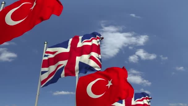 Banderas ondeando de Turquía y el Reino Unido, animación 3D loopable — Vídeo de stock