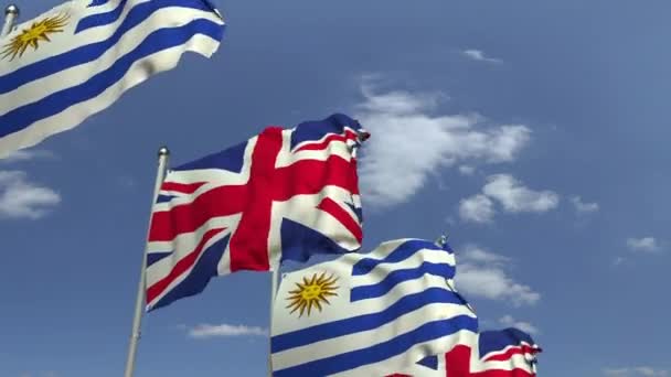 Flagi Urugwaju i Zjednoczonego Królestwa przeciwko błękitnym niebem, pętla animacji 3D — Wideo stockowe