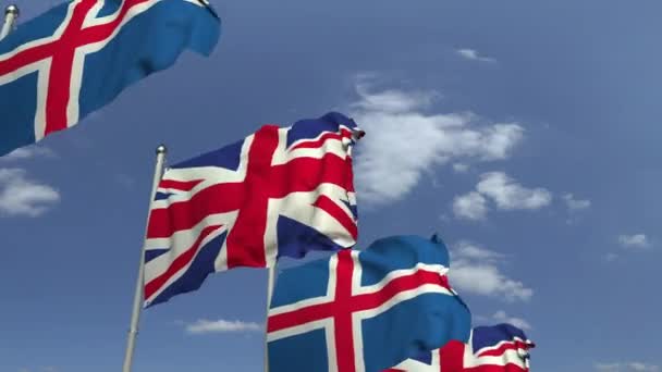 Zwaaiende vlaggen van IJsland en het Verenigd Koninkrijk, loop bare 3D-animatie — Stockvideo