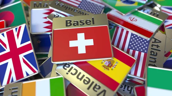 Souvenir magneet of badge met Basel tekst en nationale vlag onder verschillende. Reizen naar Zwitserland conceptuele 3D-rendering — Stockfoto