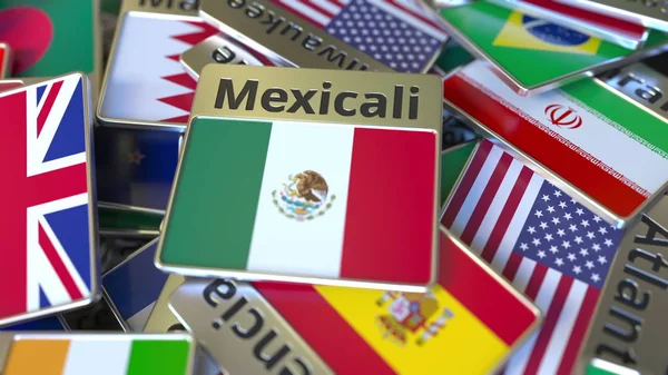 Souvenir magneet of badge met tekst van Mexicali en nationale vlag onder verschillende. Reizen naar Mexico conceptuele 3D-rendering — Stockfoto