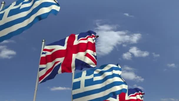 Veel vlaggen van Griekenland en het Verenigd Koninkrijk, loop bare 3D-animatie — Stockvideo