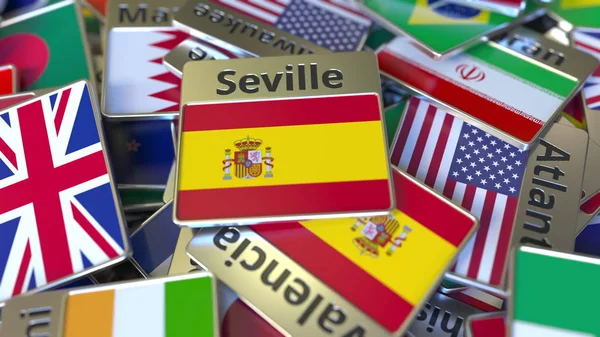 セビリアのテキストと異なるものの間で国旗とお土産の磁石やバッジ。スペインの概念的な3Dレンダリングへの旅 — ストック写真