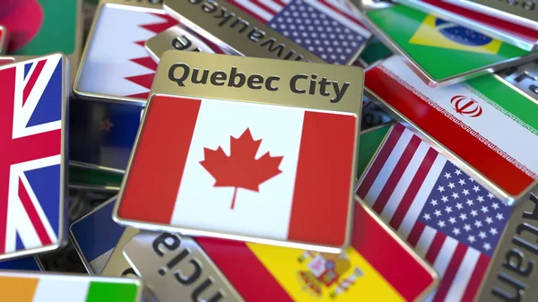 Souvenirmagnet oder Abzeichen mit quebec city text und nationaler Flagge zwischen verschiedenen. Reisen nach Kanada konzeptionelles 3D-Rendering — Stockfoto