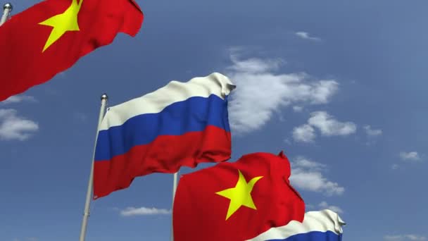 Прапори В'єтнаму і Росії на міжнародній нараді, що не відповідає 3D-анімації — стокове відео