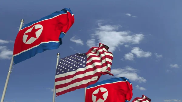 Flaggen Nordkoreas und der USA schwenkend, 3D-Darstellung — Stockfoto