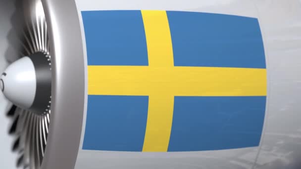 Letecký motor se švédskou vlajkou, švédská letecká doprava a 3D animace — Stock video