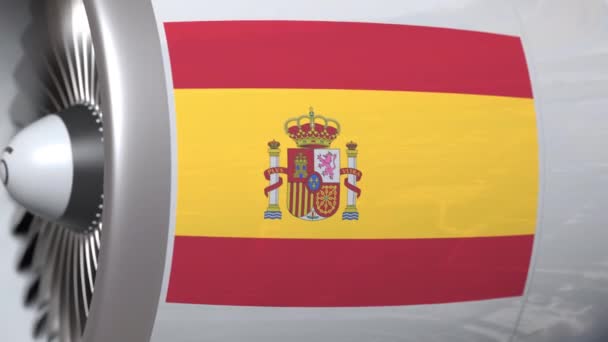 Самолетный двигатель с флагом Испании. Концептуальная 3D анимация авиаперевозок Испании — стоковое видео