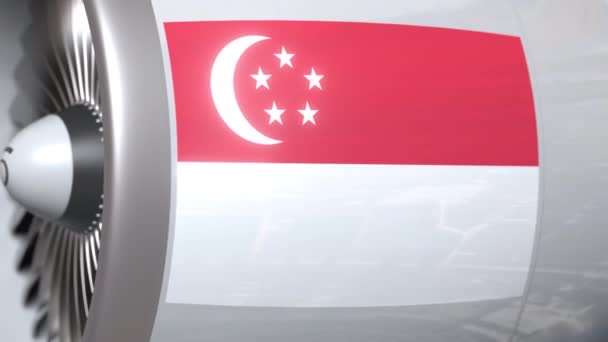 Turbin dengan bendera Singapura. Animasi 3D konseptual transportasi udara Singapura — Stok Video