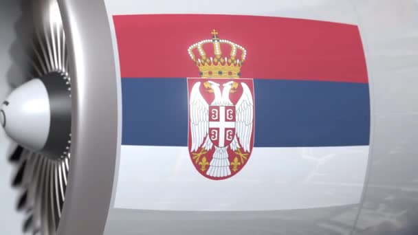 Turbina de avião com bandeira da Sérvia. Transporte sérvio animação 3D conceitual — Vídeo de Stock