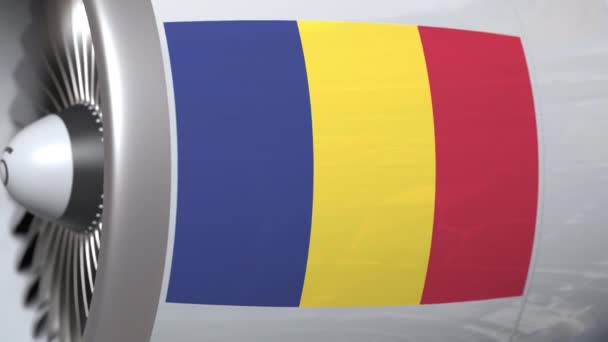 Motore aereo con bandiera della Romania. Trasporto aereo Romanain animazione concettuale 3D — Video Stock