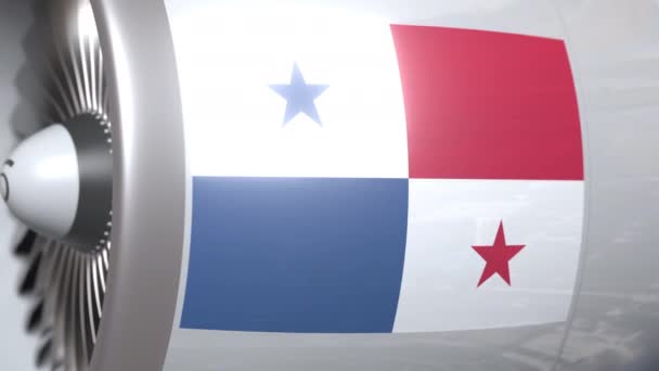 Двигун літака з прапором Панами. Панамський повітряні перевезення концептуальної 3D-анімації — стокове відео
