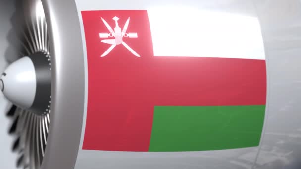 Самолетный двигатель с флагом Омана. Концептуальная 3D анимация воздушного транспорта Омана — стоковое видео
