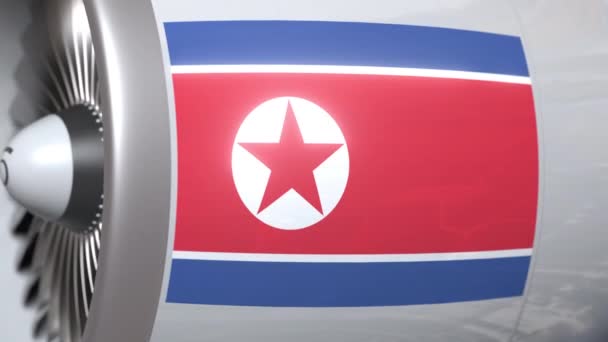 Pesawat turbin dengan bendera Korea Utara. Animasi konseptual 3D transportasi Korea — Stok Video