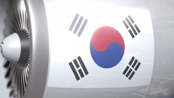 Airplane turbine with flag of South Korea. South korea transportation conceptual 3D animation — Stock Video