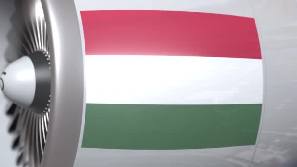 Airplane engine with flag of Hungary. Hungarian air transportation conceptual 3D animation — Stock Video