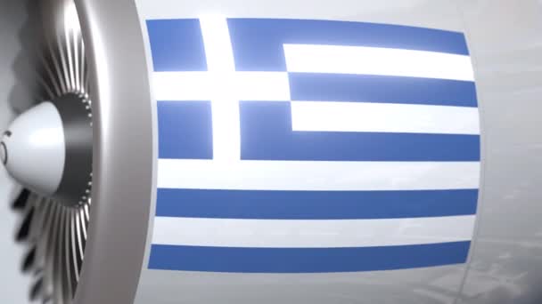 Двигатель самолета с флагом Греции. Концептуальная 3D анимация воздушного транспорта Греции — стоковое видео