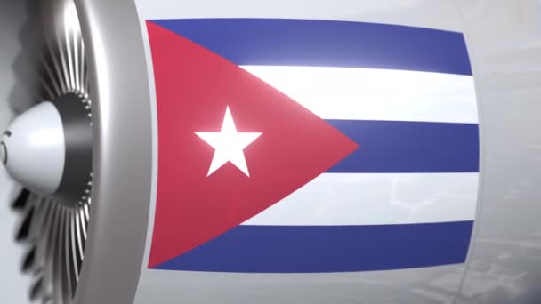 Motor de avião com bandeira de Cuba. Transporte aéreo cubano animação conceitual 3D — Vídeo de Stock