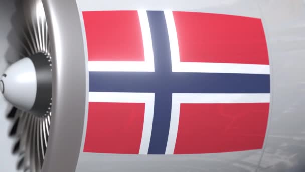 Turbina aeroplano con bandiera della Norvegia. Trasporto norvegese concettuale animazione 3D — Video Stock