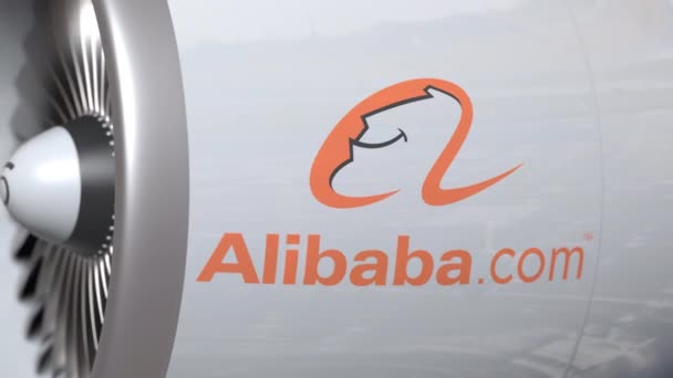 Авиатурбина с логотипом Alibaba Group. Редакционная концептуальная 3D анимация — стоковое видео