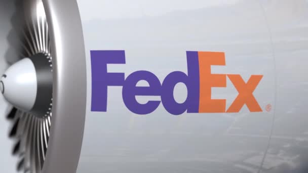Турбина самолета с логотипом FedEx. Редакционная концептуальная 3D анимация — стоковое видео