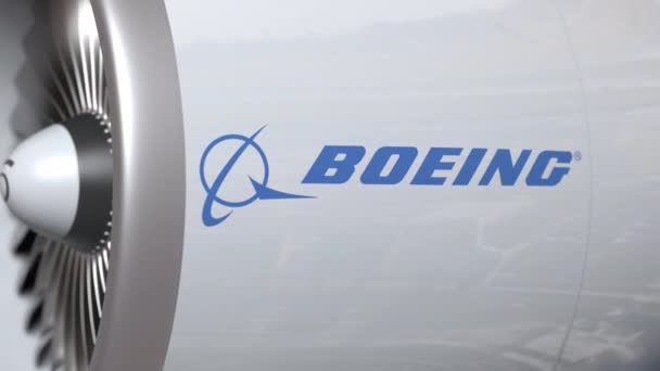 Самолетная турбина с логотипом Boeing. Редакционная концептуальная 3D анимация — стоковое видео