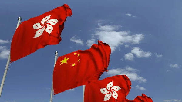 Riga di bandiere sventolanti di Hong Kong e Cina, rendering 3D — Foto Stock