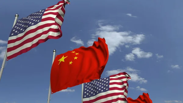 Flaggen Chinas und der USA bei internationalen Treffen, 3D-Darstellung — Stockfoto