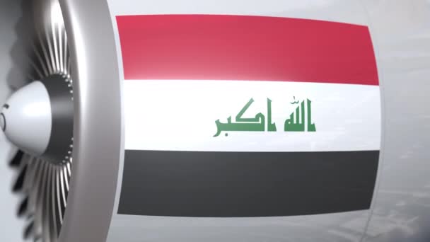 Airplane engine with flag of Iraq. Iraqi air transportation conceptual 3D animation — Stock Video